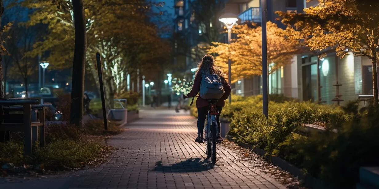 Vrouw fietst door straat